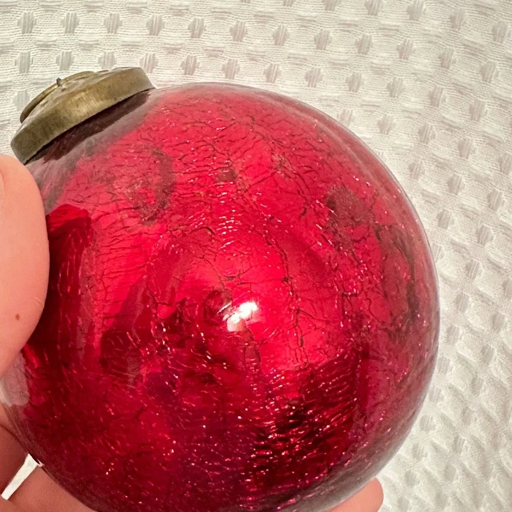Restoration‎ Hardware Red Crackle Glass Christmas Ornaments Set of 6 Brass Top